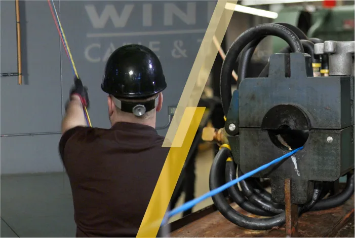 Split image showing a technician pulling multi‑color low‑voltage cables and a close‑up of SmartWire with SmartWire Glide exiting a machine