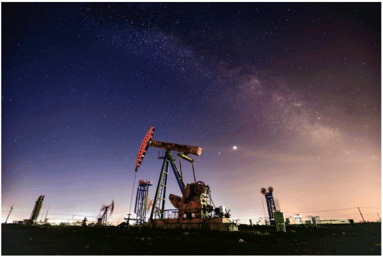 Oil pump jacks under a starry sky, highlighting the need for durable petroleum-proof power cables in rugged petroleum and gas site conditions