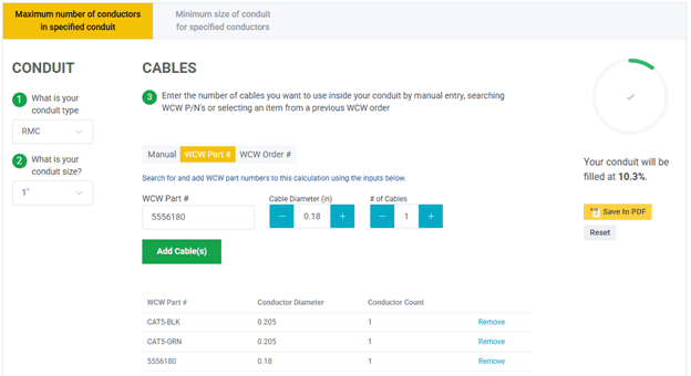 Windy City Wires conduit calculator