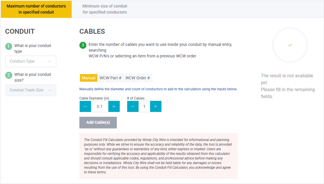 Windy City Wires Conduit Caluclator online tool