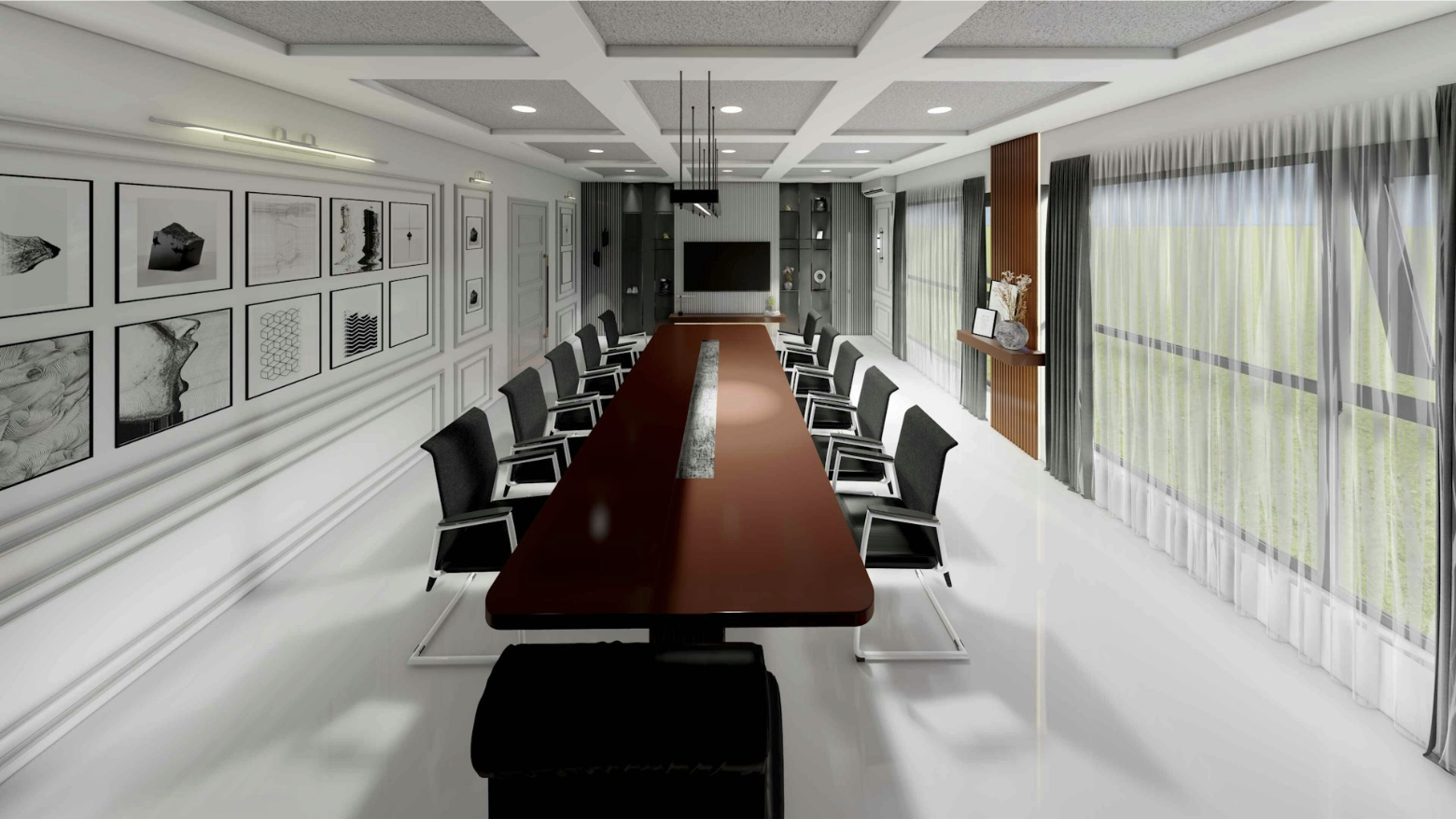 Modern conference room with integrated AV system, illustrating environments where RS-232 and RS485 control communication supports device coordination
