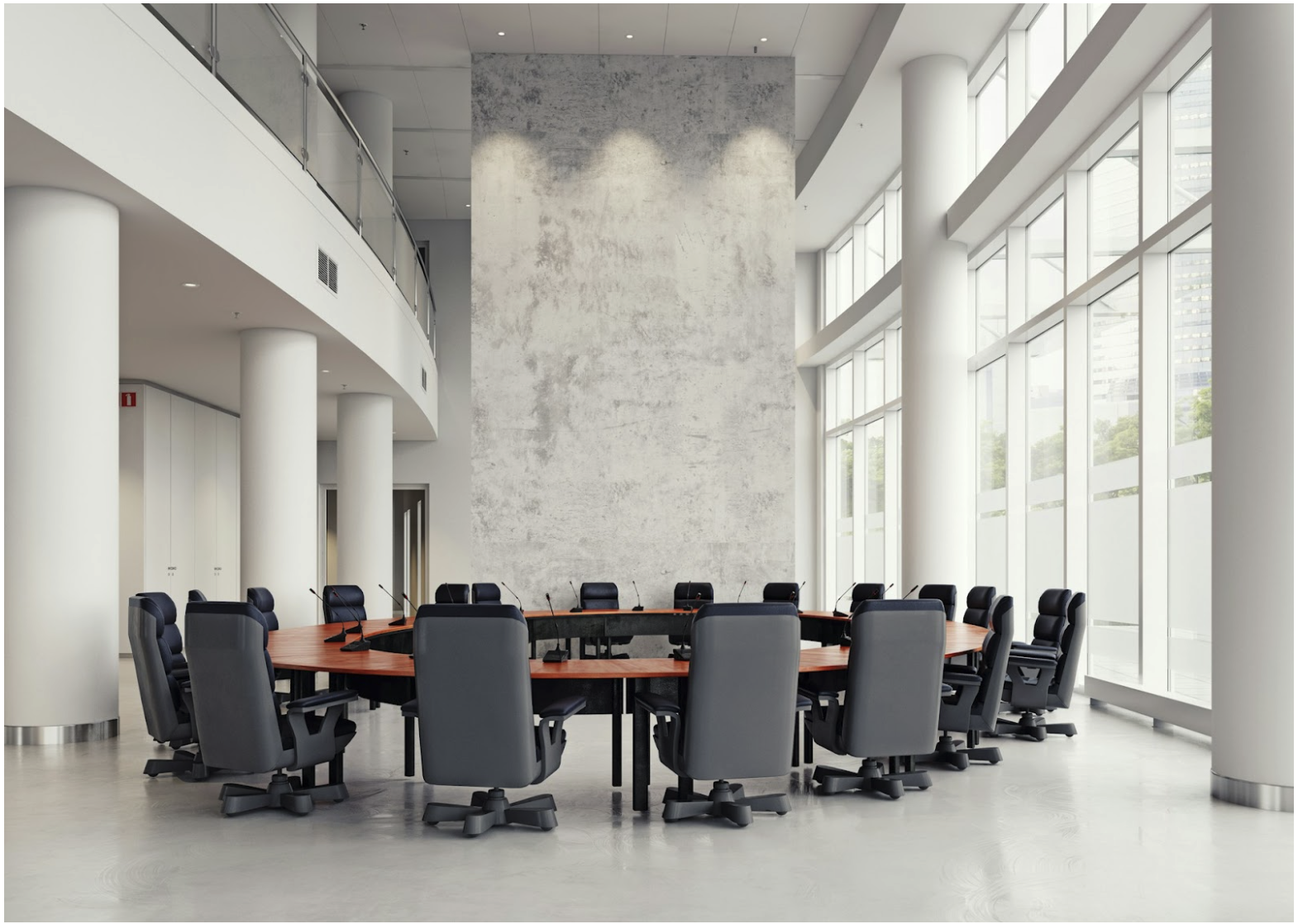 Modern commercial conference room with integrated AV system supporting mic line cable, Crestron and AMX control platforms for audio and automation
