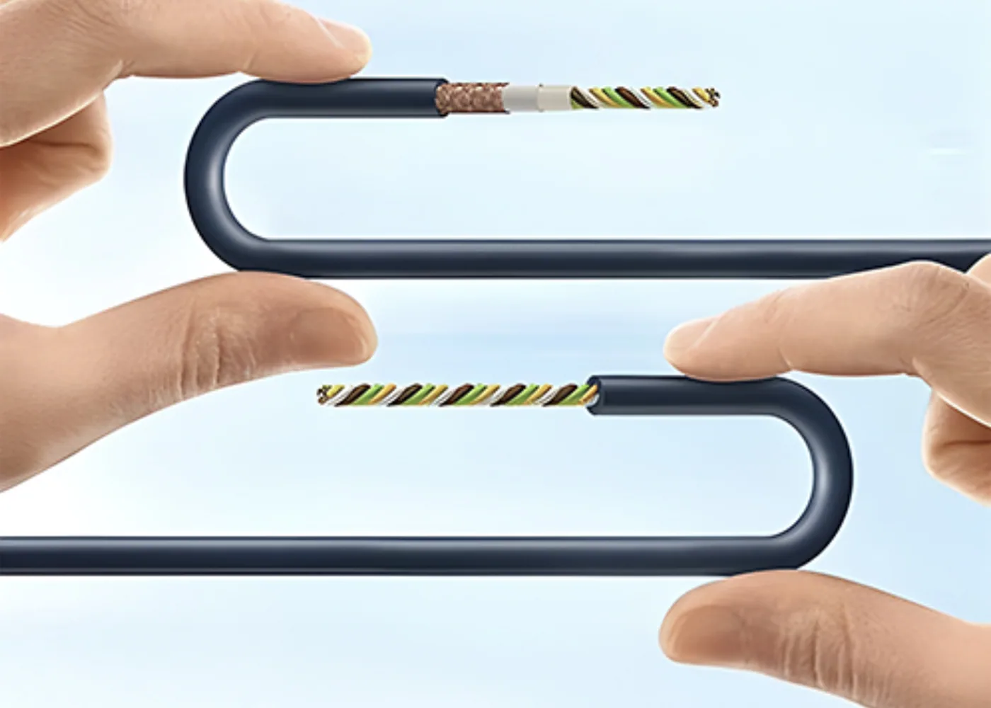 Alt Description: Image depicting a low voltage cable with multicolored twisted conductors being bent between a person’s thumb and forefinger to illustrate the bend radius of cable.