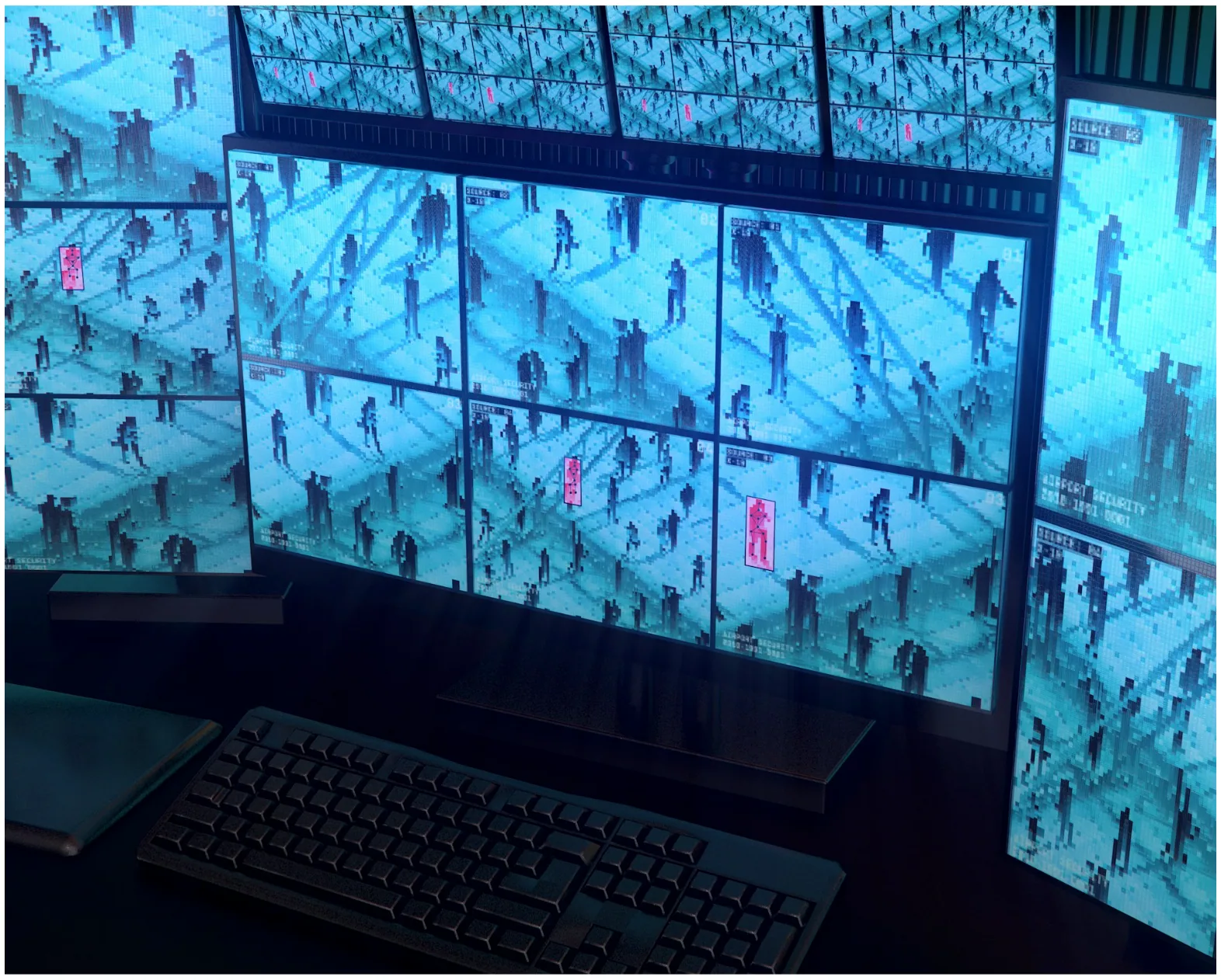 Commercial surveillance monitoring wall displaying multiple video feeds, illustrating CATV and coax infrastructure used for RF signal distribution across security networks