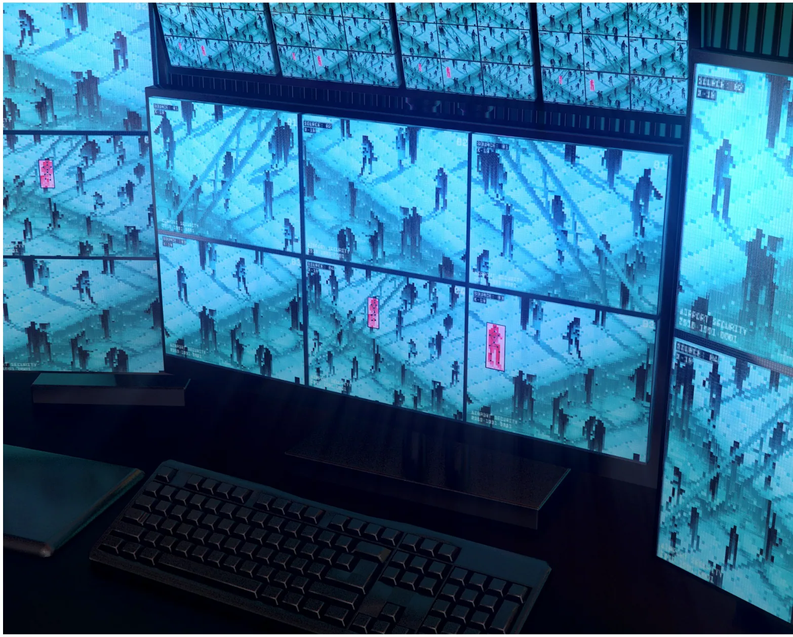 Commercial surveillance monitoring wall displaying multiple video feeds, illustrating CATV and coax infrastructure used for RF signal distribution across security networks