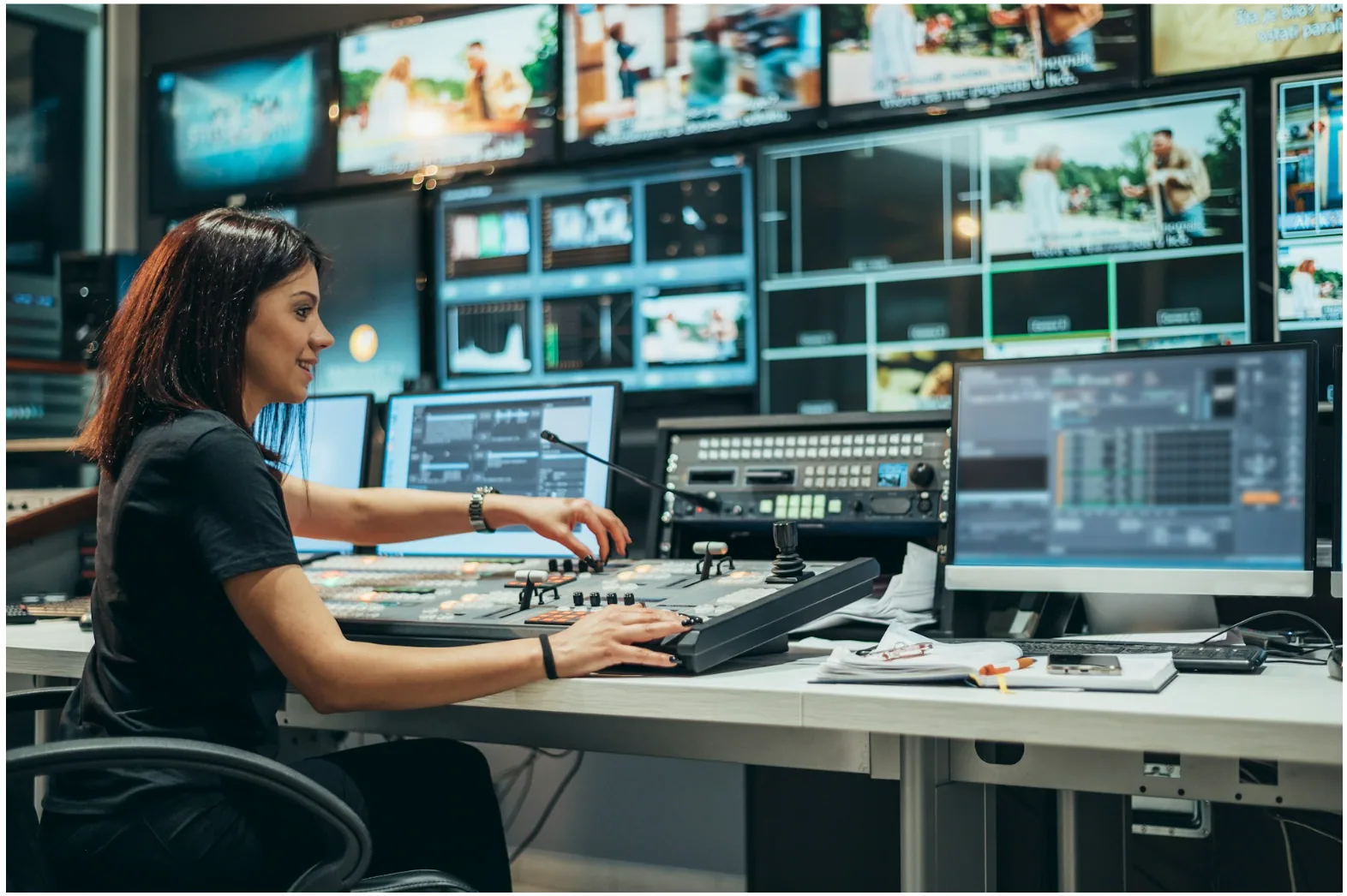 Broadcast control room operator managing video routing and signal distribution systems within a professional AV and media infrastructure environment