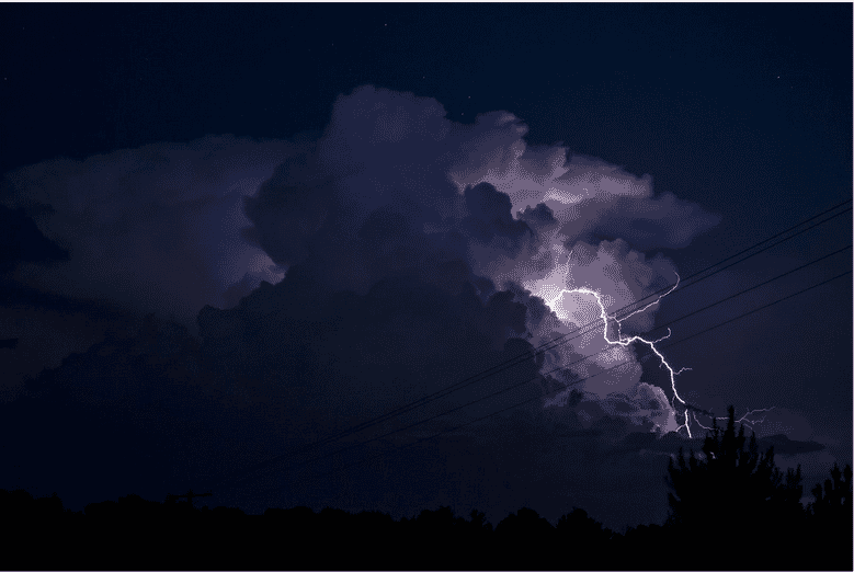 Lightning storm over a dark, cloudy sky, symbolizing the challenges of extreme weather conditions that cables in harsh environments must withstand. The image highlights the importance of choosing durable, weather-resistant cables for maintaining security systems' integrity in severe climates