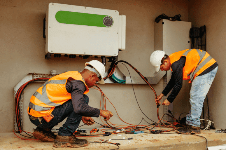 Two workers in hard hats and orange safety vests are installing outdoor electrical wire. They are handling a complex network of outdoor cables connected to a control panel mounted on a wall. The image showcases the intricacies of wiring for outside electrical installations, emphasizing the detailed work involved in setting up outdoor electrical cables