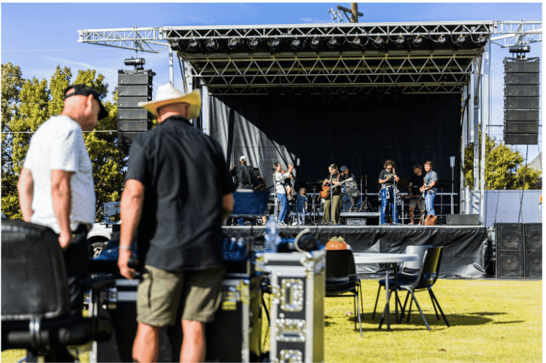 A band walking through sound check, equipped with professional sound equipment and high-fidelity audio cables for studio-grade sound quality