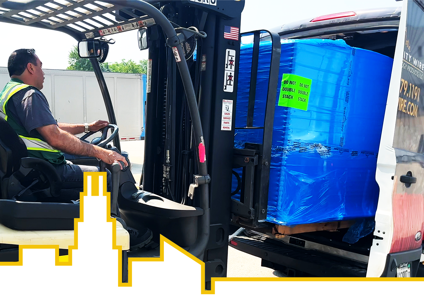 Forklift operator loading a shrink-wrapped pallet into a delivery van, highlighting fast logistics and nationwide wire and cable distribution.