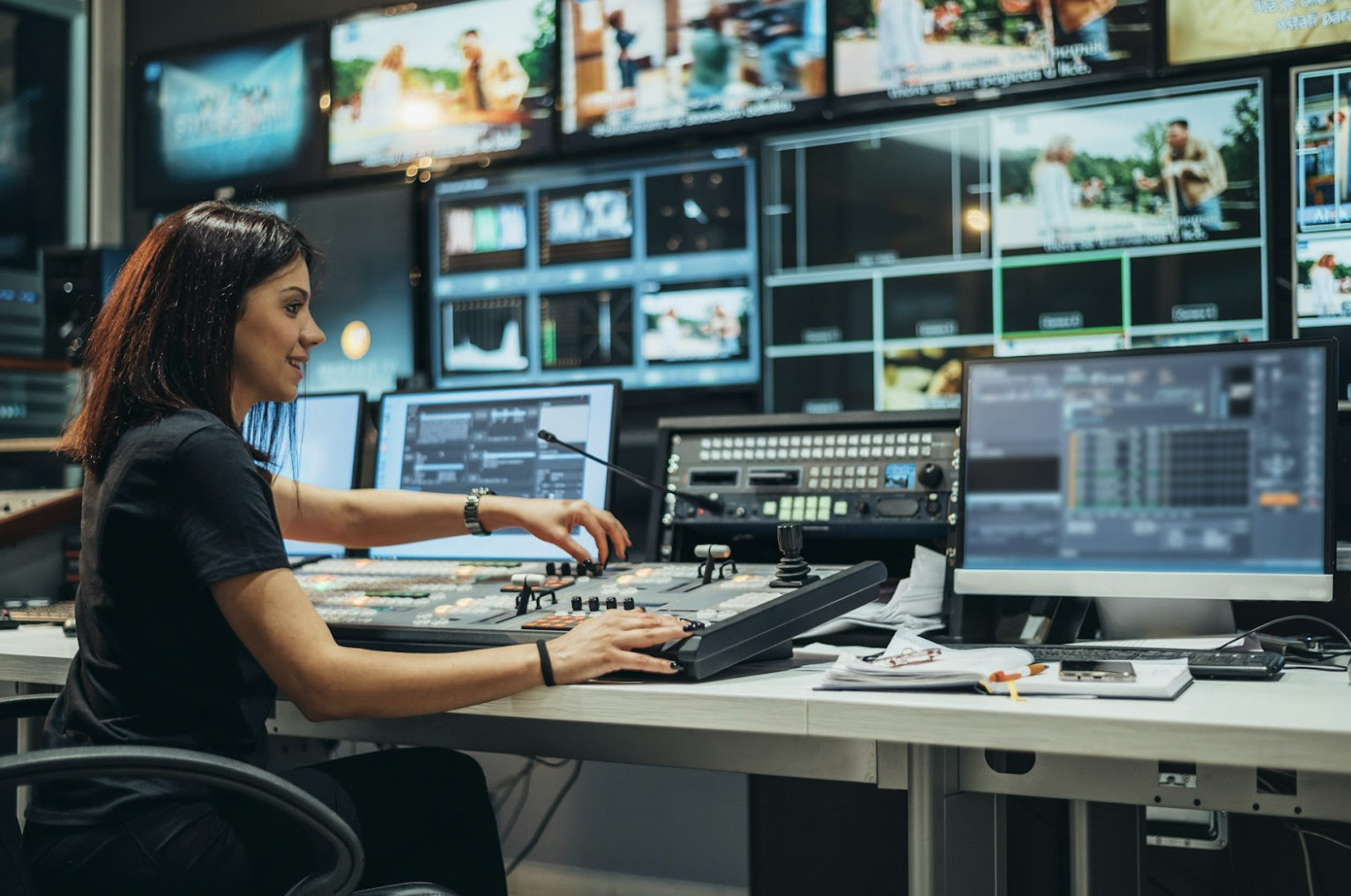 Broadcast control room operator managing high-resolution 4K video feeds with professional switching equipment and multiple monitors.