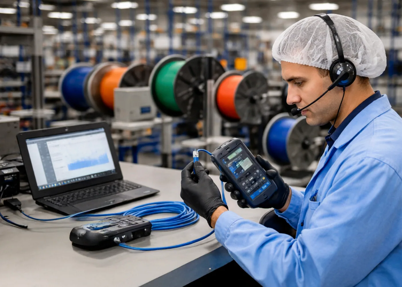 Technician inspecting and quality testing a blue category cable in a low voltage manufacturing facility.