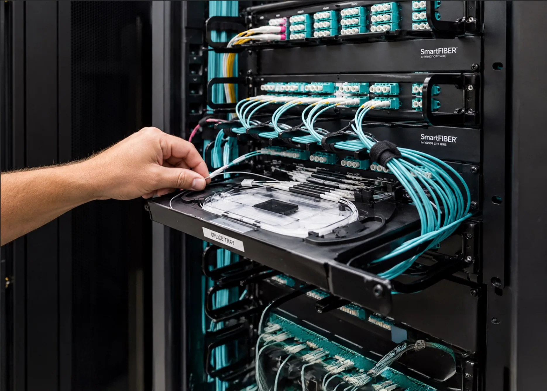 Close-up of technician managing a fiber optic splice tray and high‑density patch panels for high‑speed data center cabling.