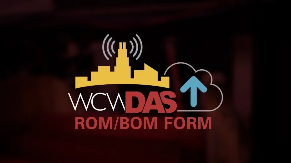 Windy City Wire DAS ROM/BOM Request Form graphic for DAS quoting, showing a Chicago skyline with wireless signal waves and a cloud upload arrow