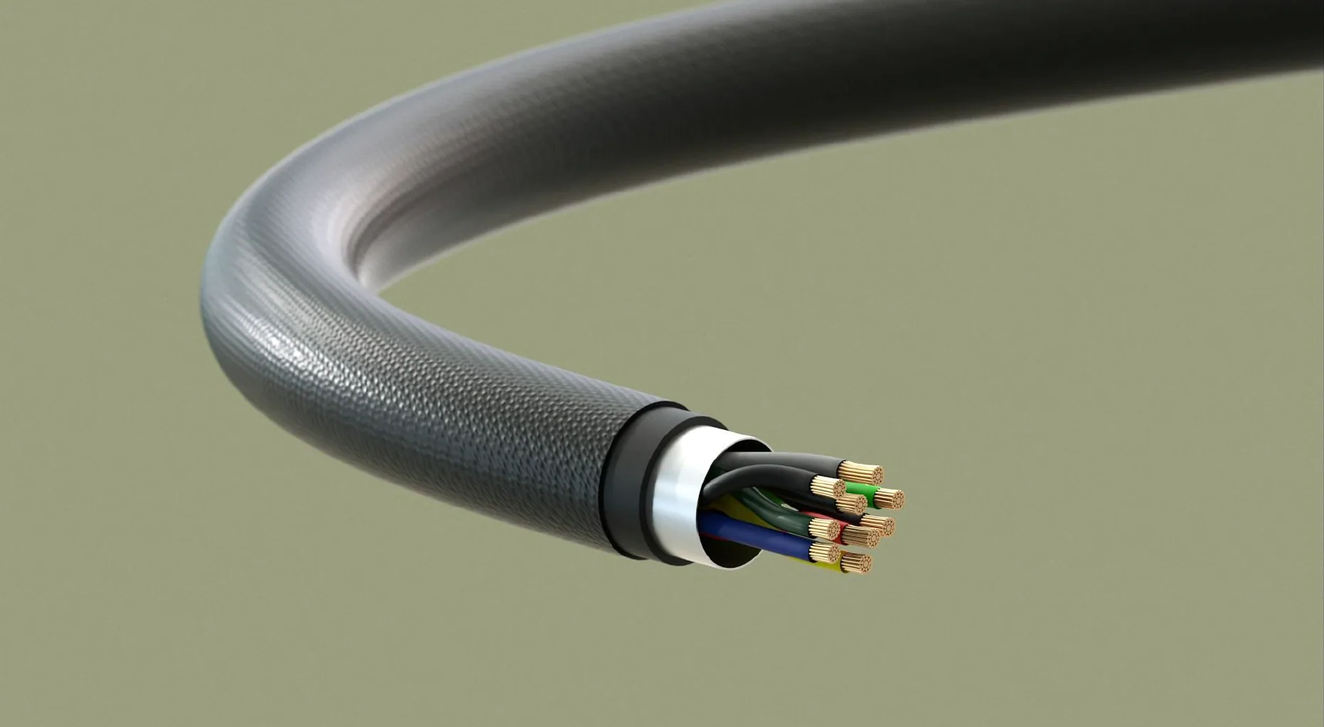 Close-up illustration of a low-voltage industrial cable showing stranded copper conductors, insulated wires, and a durable protective jacket designed for demanding environments.